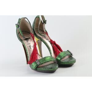 Vintage Lanvin Metallic Green Snake Embossed Leather Open Toe Sandals Size 36